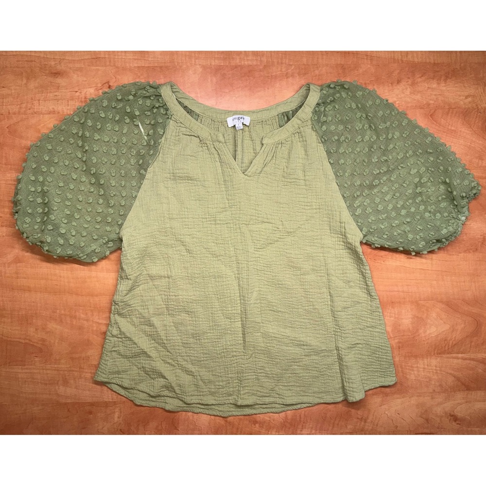 Umgee USA Sage Green Gauze Top Swiss Dot Puff Sleeve V-Neck Blouse Large